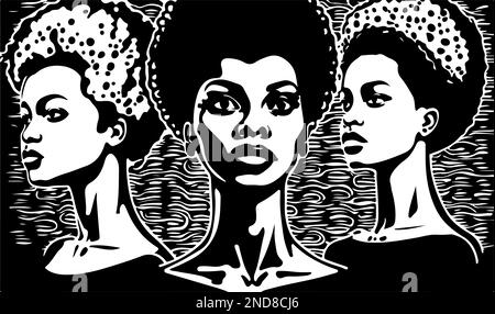 Bella e alla moda in bianco e nero linocut pop art o colorazione pagina di una donna afroamericana Illustrazione Vettoriale