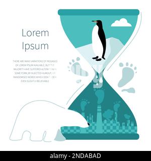 Clessidra con orso polare, pinguino e emissioni urbane CO2. La fusione del ghiacciaio, il cambiamento climatico. ARRESTARE IL RISCALDAMENTO GLOBALE. Illustrazione vettoriale con Illustrazione Vettoriale