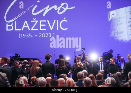 La commemorazione di Miroslav Ciro Blazevic, allenatore di calcio ed ex allenatore capo della nazionale croata nella sala concerti di Vatroslav Lisinski a Zagabria, Croazia, il 15 febbraio 2023. Foto: Slavko Midzor/PIXSELL Foto Stock