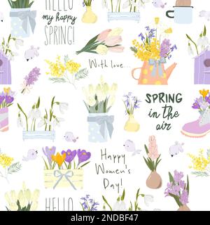 Modello senza cuciture con freschi fiori di primavera Bouquets e uccelli Illustrazione Vettoriale