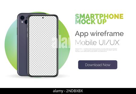 Concetto di presentazione dello smartphone. Telefono cellulare alla moda realistico senza cornice con schermo trasparente vuoto. Smartphone Vector mockup per la dimostrazione visiva dell'applicazione ui Illustrazione Vettoriale