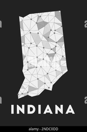 Indiana - mappa della rete di comunicazione dello stato degli Stati Uniti. Design geometrico alla moda dell'Indiana su sfondo scuro. Illustrazione Vettoriale