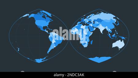 Mappa del mondo. Proiezione autenticale quartic interrotta in due emisferi. Illustrazione futuristica del mondo per la tua infografica. Bella tavolozza di colori blu. Illustrazione Vettoriale