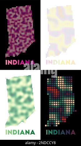 Mappa dell'Indiana. Collezione di mappe dell'Indiana in stile punteggiato. Bordi dello stato degli Stati Uniti riempiti di rettangoli per il progetto. Illustrazione vettoriale. Illustrazione Vettoriale