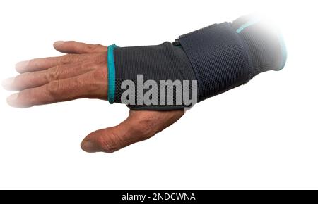 Mano rossa con nuova ortosi blu e sfondo bianco chiaro Foto Stock