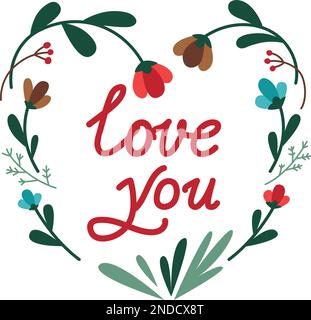 Ti piacciono le lettere in una cornice floreale. Contorno di erbe a forma di cuore Illustrazione Vettoriale