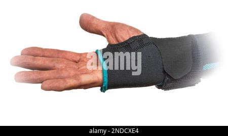 Mano rossa con nuova ortosi blu e sfondo bianco chiaro Foto Stock