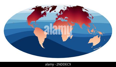 Vettore mappa mondiale. Proiezione Aitoff. Mondo in gradiente rosso arancio sulle onde blu profonde dell'oceano. Interessante illustrazione vettoriale. Illustrazione Vettoriale