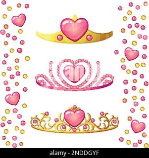 Principessa incorona con gemma cuore isolato su sfondo bianco. Collezione di icone Golden tiaras vecotr per bambine Illustrazione Vettoriale