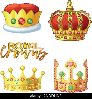 Set di corone reali d'oro in stile cartone animato , per re e regina. Icone del vettore corona isolate Illustrazione Vettoriale