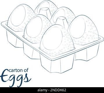 6 uova di pollo in cartone icona. Illustrazione di alimento vettoriale del cartone animato. Illustrazione lineare disegnata a mano su sfondo bianco Illustrazione Vettoriale