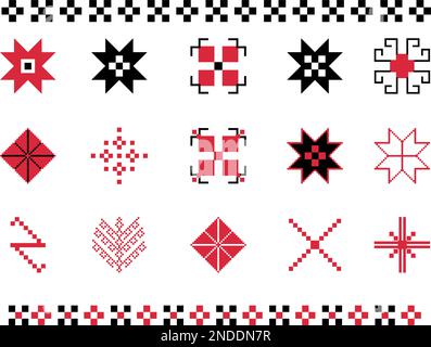 Set di figure geometriche di ricami etnici. Disegno tribale. Modello ucraino. Ornamento etnico. Punto a croce. Vettore. Illustrazione Vettoriale