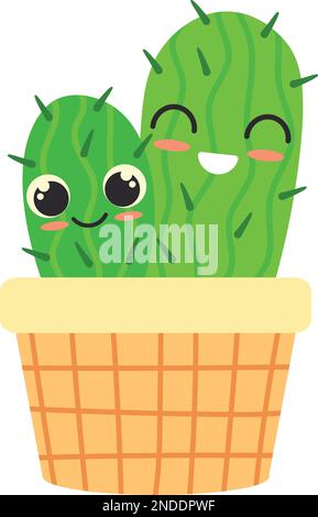 Kawaii carattere succulento. Cactus sorridente in vaso isolato su sfondo bianco Illustrazione Vettoriale