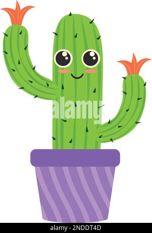 Cactus divertente in vaso. Carino cartone animato pianta carattere isolato su sfondo bianco Illustrazione Vettoriale
