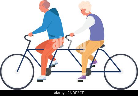 Vecchia coppia in bicicletta tandem. Stile di vita attivo degli anziani isolato su sfondo bianco Illustrazione Vettoriale