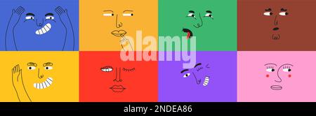 Icona volti divertenti Imposta vettore in stile cartone animato. Colorato cerchio bolla grimace carattere in semplice Illustrazione Vettoriale