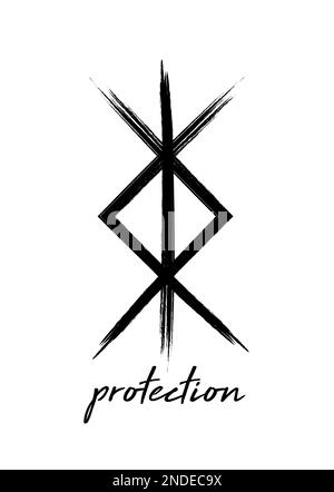Simbolo nordico per la protezione, Nordic viking bind rune magic script tatuaggio, mistico logo segno in pittura stile pennello vettore illustrazione isolato Illustrazione Vettoriale