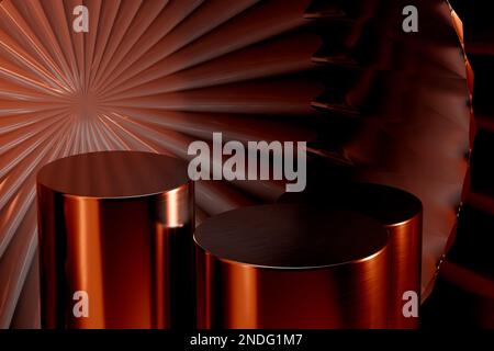 Modello di marketing digitale a tre cilindri arancioni con illuminazione al neon per la presentazione dei prodotti Foto Stock