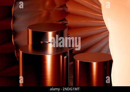 Un cilindro scuro a forma di triplo arancione illuminato al neon per la presentazione del prodotto, un modello di marketing digitale Foto Stock