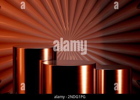 Un cilindro scuro a forma di triplo arancione illuminato al neon per la presentazione del prodotto, un modello di marketing digitale Foto Stock