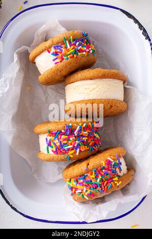 Sandwich con gelato alla vaniglia e biscotti al burro di arachidi e spolverini Foto Stock