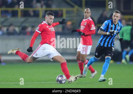 Bruges, Belgio. 15th Feb, 2023. Nicolas Otamendi (L) di Benfica compete durante la 1st tappa della partita di calcio della UEFA Champions League 16 tra il Club Brugge e Benfica allo stadio Jan Breydel di Bruges, Belgio, il 15 febbraio 2023. Credit: Zheng Huansong/Xinhua/Alamy Live News Foto Stock