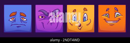 Set di volto di mostro quadrato per avatar giocatore nel gioco. Fumetto emozione espressione su adesivi in vettore. Divertente collezione di clipart di personaggi alieni con umore felice, arrabbiato e sconvolto o triste, occhi e sopracciglia Illustrazione Vettoriale