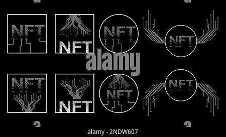 Set di icone bianche NTF token non fungibile isolato su sfondo nero. Elemento di progettazione del sito Web. Illustrazione vettoriale. Foto Stock