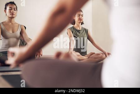Trattate il vostro corpo con un po' di meditazione e yoga. un gruppo di giovani che meditano e praticano lo yoga insieme all'interno di uno studio di yoga. Foto Stock