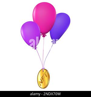 Gettone NFT moneta d'oro non fungibile su mazzo di palloncini isolati su sfondo bianco. Distribuzione gratuita di NFT da collezione. Concetto AirDrop. Vettore il Foto Stock