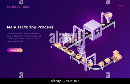 Illustrazione vettoriale del concetto isometrico del processo di produzione. Nastro trasportatore per assemblaggio biscotti, cottura, aggiunta di marmellata di cioccolato e confezionamento prodotti, linea di produzione pasticceria fabbrica banner viola Illustrazione Vettoriale