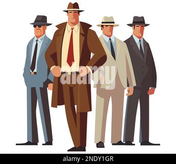 Elegante banda di gangster degli anni '20s in America. membri della mafia. illustrazione del vettore piatto. Illustrazione Vettoriale