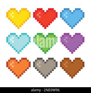 Set di icone colorate a forma di cuore. Cuore in stile a 8 bit. Set di icone di gioco pixel in stile retrò. Illustrazione Vettoriale