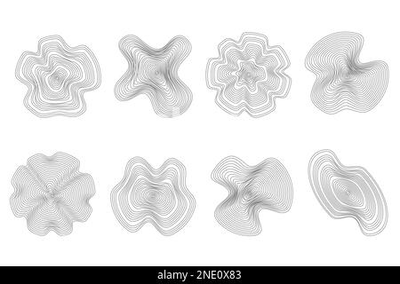 Schema lineare degli anelli di legno. Cerchi topografici con texture mappa. Forme ondulate circolari. Contorno astratto tronco tondi. Vettore Illustrazione Vettoriale