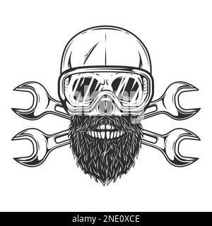Cranio con baffi e barba in occhiali di sicurezza con carrozzerie riparazione auto e camion meccanico attrezzo di servizio chiave incrociata o edile builder Foto Stock