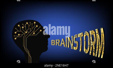 Silhouette di testa umana con cervello digitale dorato e brainstorm di parole dalla bocca su sfondo blu scuro. Concetto di trovare nuove soluzioni e un Foto Stock