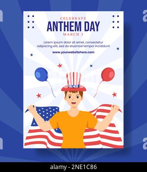 Poster verticale del National Anthem Day con gli Stati Uniti d'America Flag Flat Cartoon modelli disegnati a mano Illustrazione Illustrazione Vettoriale