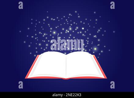 Libro aperto e magia incandescente. Concetto di importanza della conoscenza, dell'apprendimento, dell'istruzione e della lettura. Illustrazione vettoriale di pagine vuote del libro. Temp. Bianco Illustrazione Vettoriale