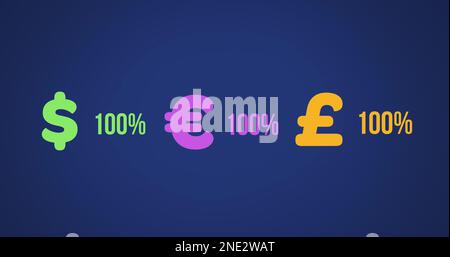 Composizione di simboli di valuta e testo al 100% su sfondo blu Foto Stock