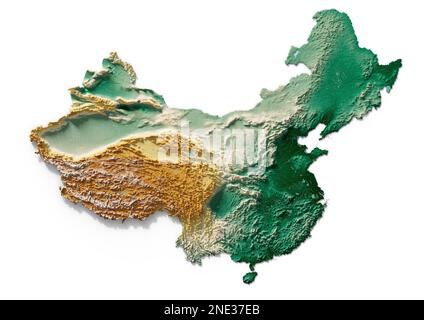 Cina. Rendering 3D estremamente dettagliato di una mappa in rilievo ombreggiata con fiumi e laghi. Colorato dall'elevazione. Creato con i dati satellitari. Foto Stock