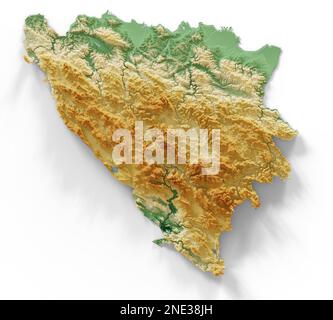 Bosnia-Erzegovina. Rendering 3D estremamente dettagliato di una mappa in rilievo ombreggiata con fiumi e laghi. Colorato dall'elevazione. Creato con i dati satellitari. Foto Stock