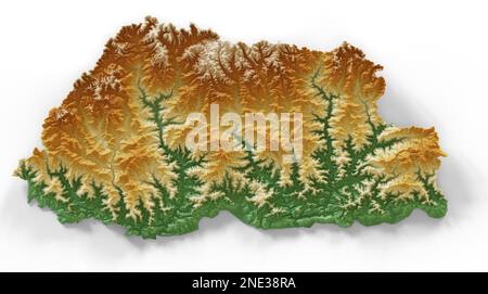 Bhutan. Rendering 3D estremamente dettagliato di una mappa in rilievo ombreggiata con fiumi e laghi. Colorato dall'elevazione. Creato con i dati satellitari. Foto Stock