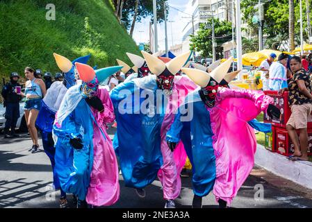 Salvador, Bahia, Brasile - 11 febbraio 2023: Gruppo di persone in costume corrono durante la parata di Fuzue a Salvador, Bahia. Foto Stock