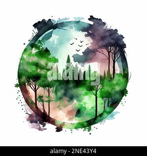 Pianeta terra e alberi astratto acquerello disegnato a mano illustration. Eco Foto Stock