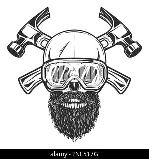 Cranio con baffi e barba e occhiali di sicurezza costruttore attraversato martelli da nuova costruzione e ristrutturazione casa business in bianco e nero vintage Foto Stock