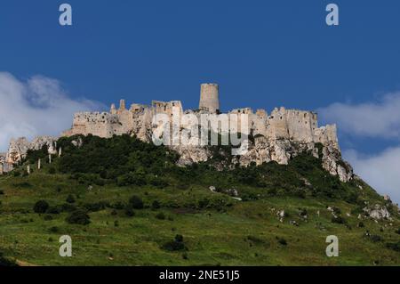 Il castello di Spiš, una formidabile fortezza medievale costruita dai re ungheresi, sorge su uno sperone calcareo alto 200m metri nella regione di Košice, nella Slovacchia orientale. Colonne in pietra che scendono dalla pendenza a sinistra potrebbero essere collegate da balli di legno per formare una prima linea di difesa contro gli attaccanti che cercano di assalire il cancello principale, che è stato ulteriormente protetto da un profondo fossato e da un alto muro. Foto Stock
