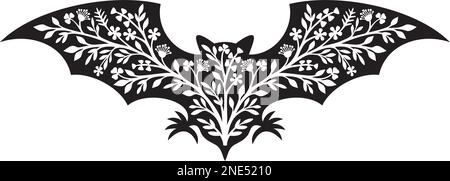 Pipistrello floreale bianco e nero. Illustrazione vettoriale. Illustrazione Vettoriale