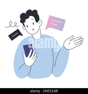 Giovane uomo preoccupato di leggere cattive notizie nei suoi feed di notizie sui social media, personaggio preoccupato per l'espressione del volto perplesso, illustrazione vettoriale Illustrazione Vettoriale