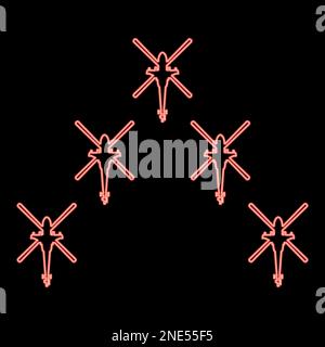 Neon gruppo di elicotteri da combattimento concetto militare chopper in aria esercito rosso colore vettore immagine immagine piatto stile luce Illustrazione Vettoriale