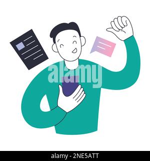 Felice giovane uomo che legge buone notizie con il suo smartphone, alzando la mano, pugno nel gesto di sì, illustrazione vettoriale Illustrazione Vettoriale